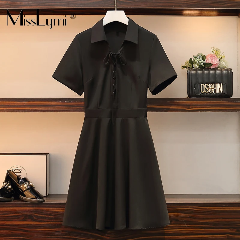 

L-4XL Plus Size Women Gothic Lace-Up Dress Black Summer 2021 New Harajuku Style Turn-down Collar Short Sleeve Loose A-line Dress