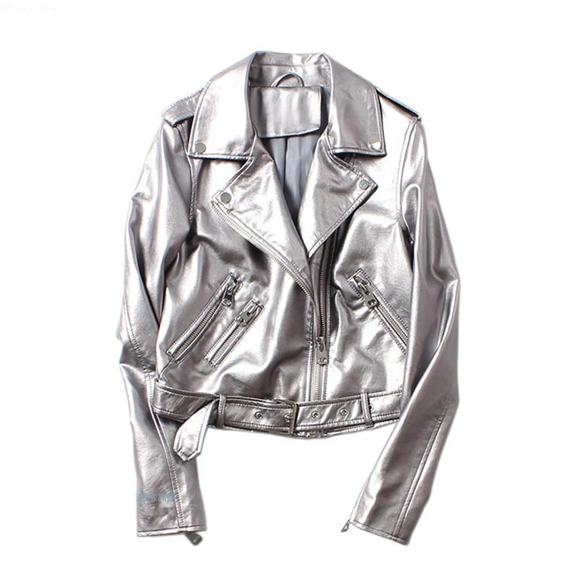 

Spring and Autumn Women's Luxury PU Leather Jacket Fashion Motorcycle Silver Leather Coats Female Adjustable Belt Biker Jackets