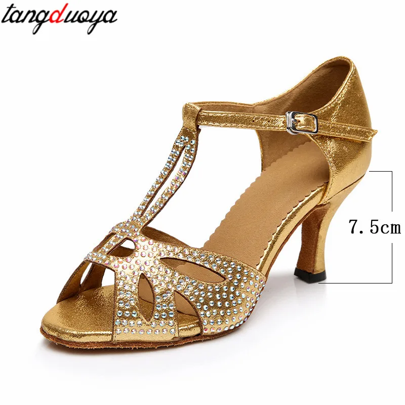 Золотые туфли для латинских танцев женская обувь сальсы бальные женские стразы