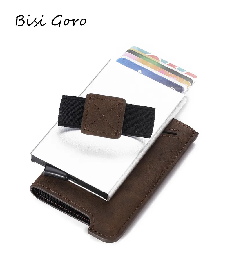 

Bisi Goro 2021 Brand Pu Leather Wallets Credit Bank CardHolder Aluminum Alloy Business Casual Short Slim Male Purse Bags For Men