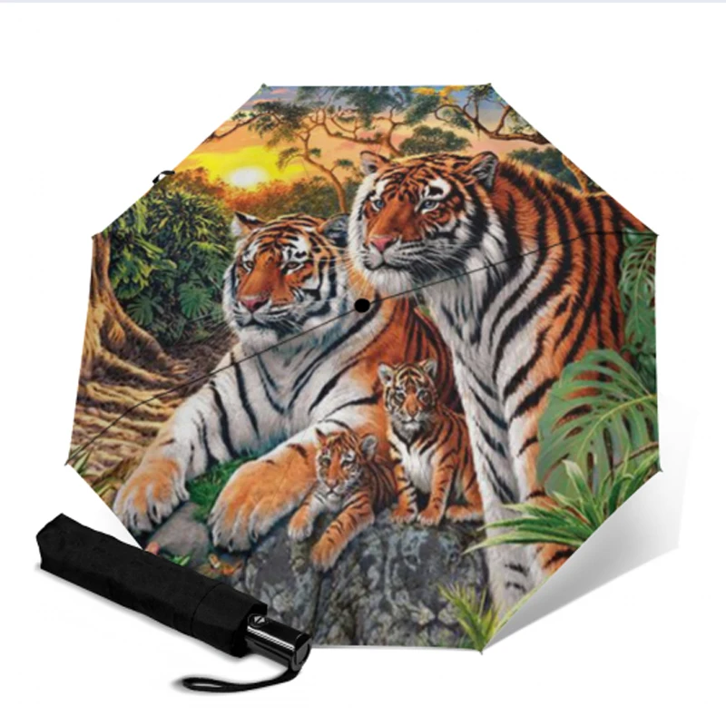 Дорожный полностью автоматический зонт женский с принтом тигра защитой от