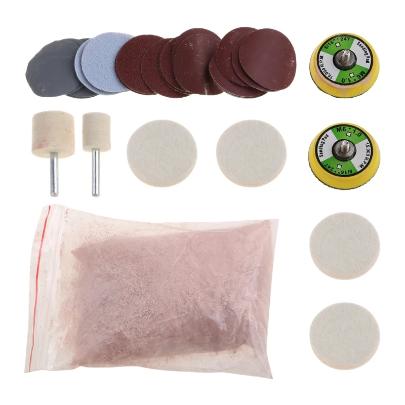 

T21D 34pcs/Set Deep Scratch Remove Glass Polishing Kit 8 OZ Cerium Oxide+ Sanding Disc + Wool Polishing Pad For Windscreen