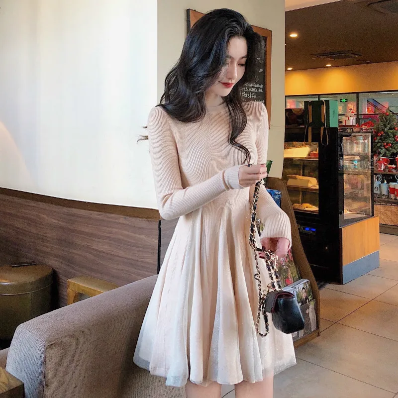 Женское трикотажное платье с длинным рукавом Элегантное повседневное Сетчатое