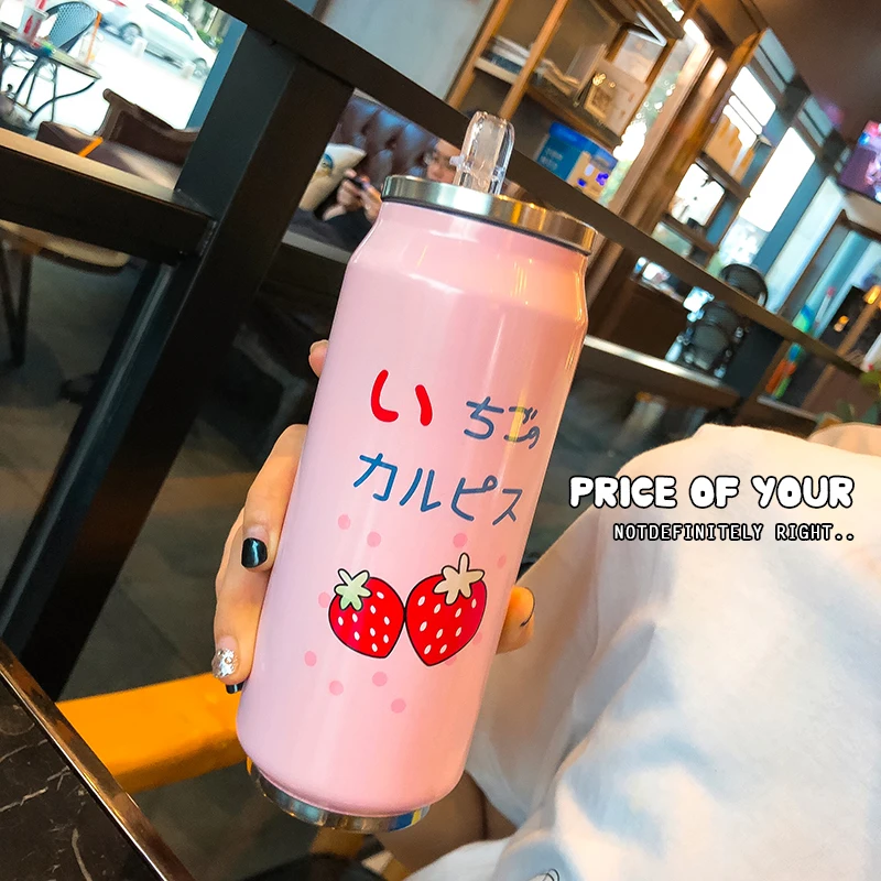 

500ml Cute Strawberry Can Cup Stainless Steel Vacuum Flask Portable Girl Fashion Water Bottle with Straw Travel Coffee Juice Cup