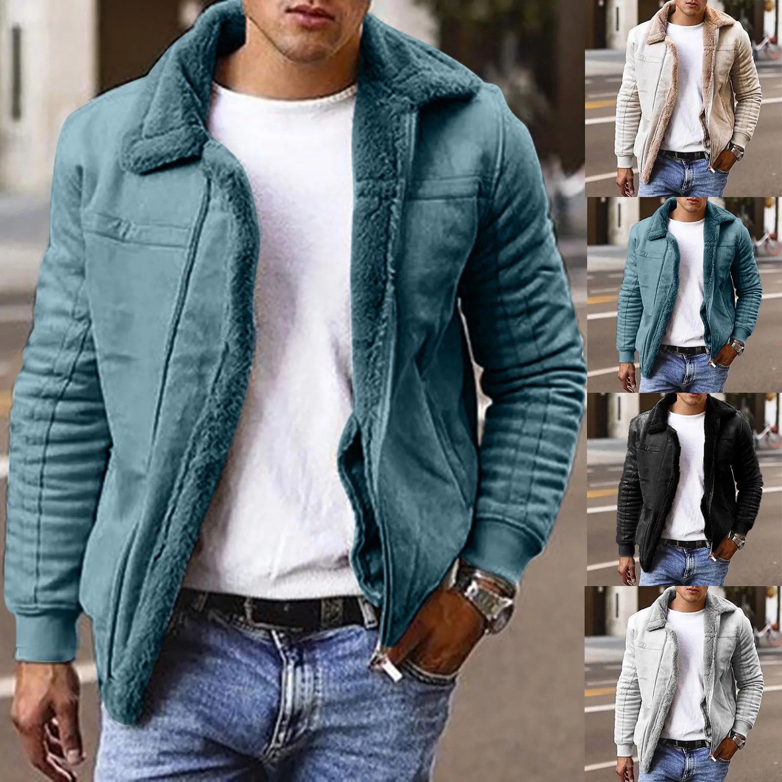 

Men 2021 Autumn Thick Warm Fleece Solid Jackets Coat Mens Winter Outwear Casual Lapel Bomber Motor Biker Plush Jackets Male