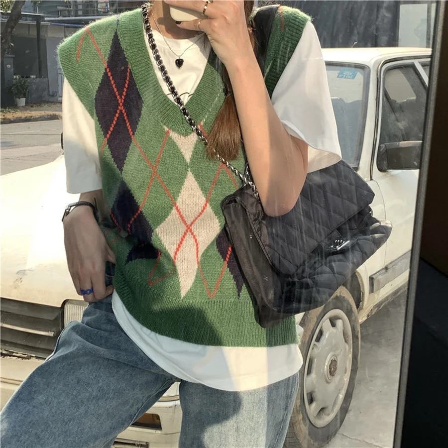 

New 2021 Women Vest V-neck College Rhombus Autumn Sleeveless Vests Sweater Women's Knit Sweater Vests Winter Fashion Vests Y2K
