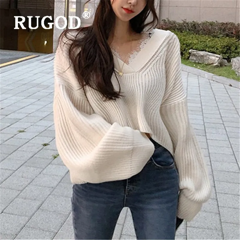 RUGOD 2019 Korean Style V-neck Sweater Women Solid Long Sleeve Loose Knitted Sweaters Pullovers Casual Lady Pull Femme Hiver | Женская