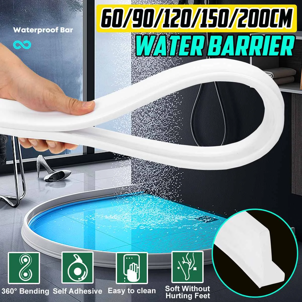 

30 mm height Bathroom Water Stopper Water Partition Dry&Wet Separation Flood Barrier Rubber Dam Silicon Water Blocker Don't Slip