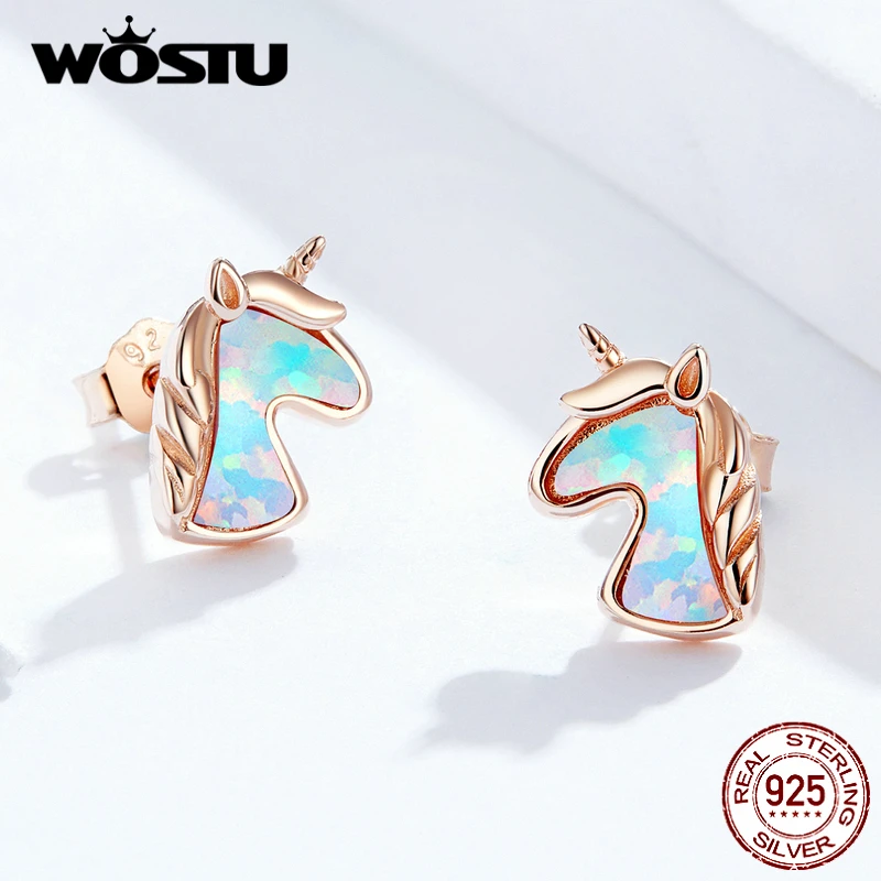 WOSTU 925 пробы серебряные серьги гвоздики с опалом и единорогом из розового золота