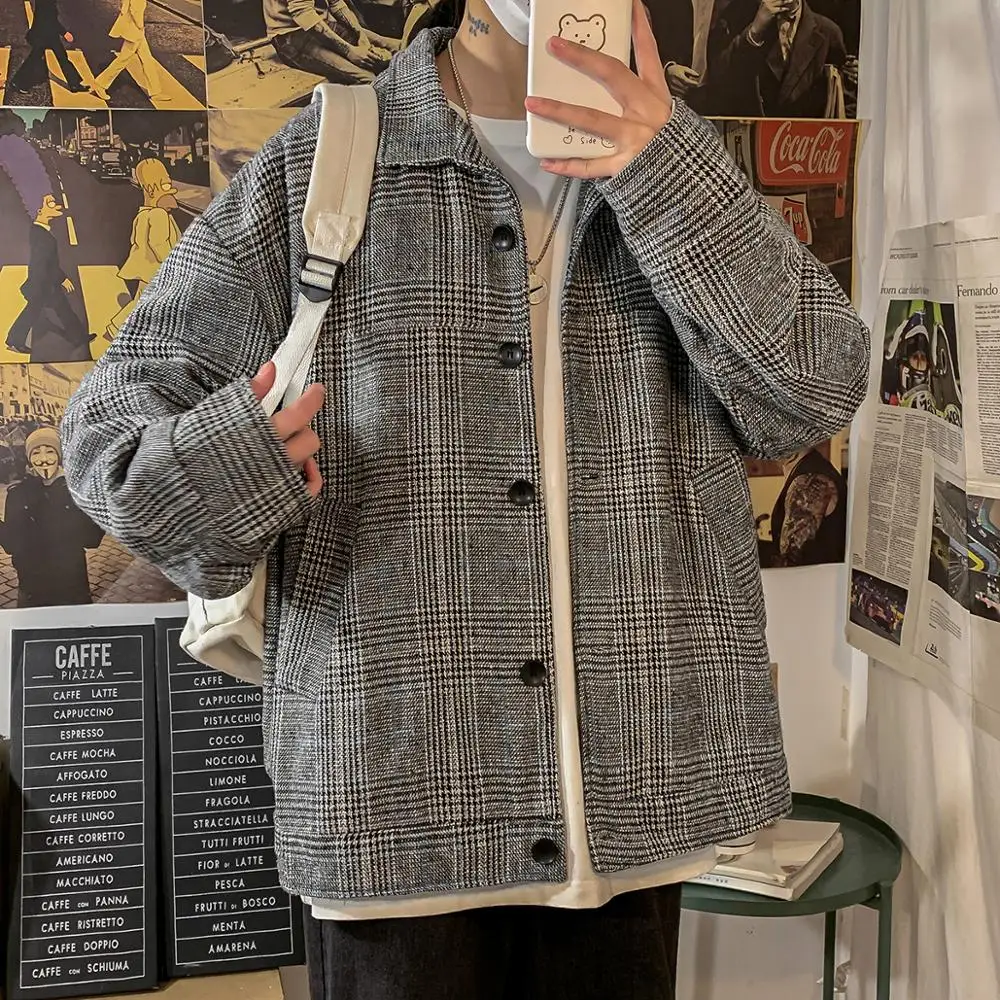 2020 Мужская мода свободного покроя шерстяное пальто решетка ветровка с рисунком