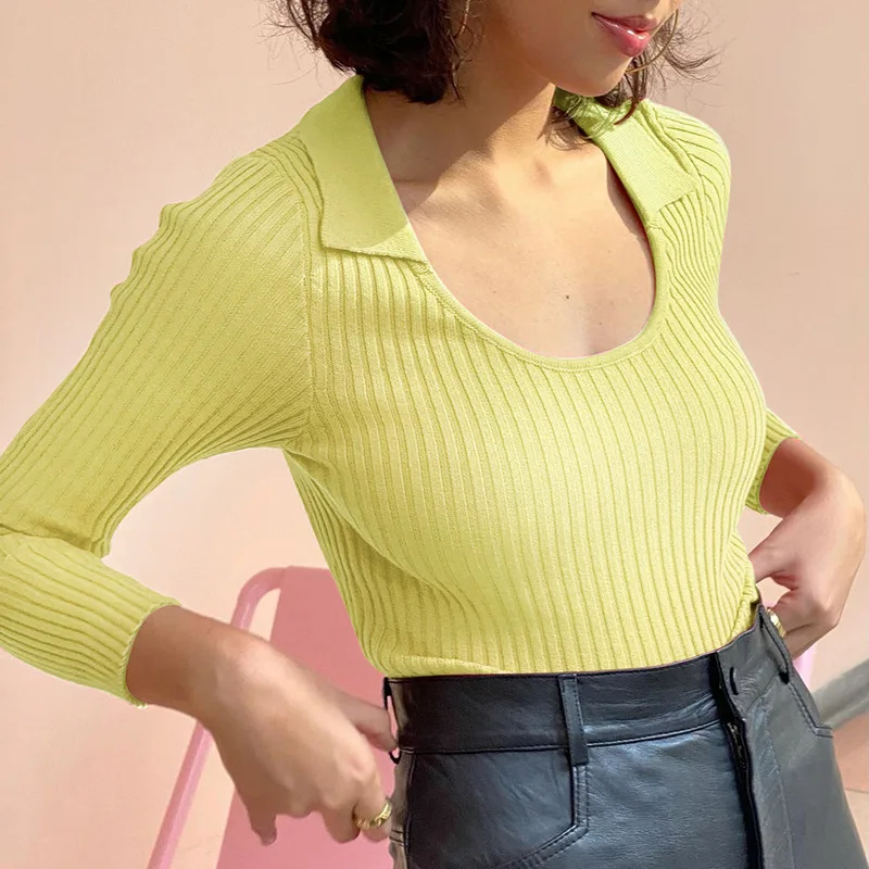 

Женский трикотажный свитер с отложным воротником, облегающий однотонный пуловер в европейском стиле, весна-осень 2022