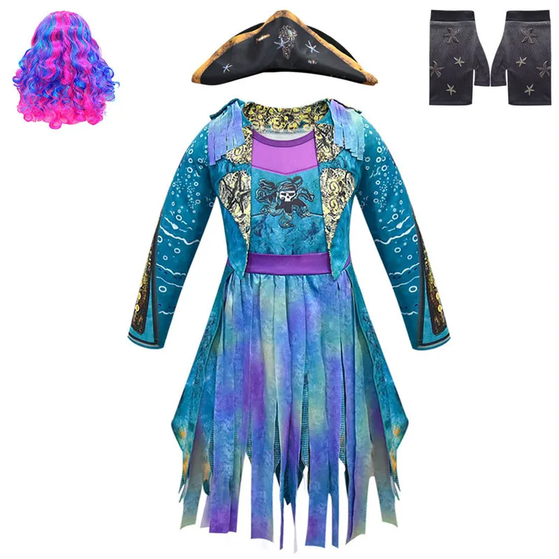 

2019 new cosplay Descendants 3 Uma Ursula Girl's pirate costume blue rainbow wig Halloween Carnival Makeup Party Costume Prop