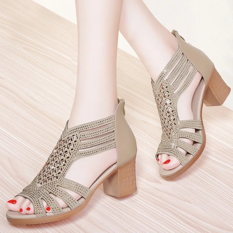 Сандалии женские из натуральной кожи босоножки на высоком толстом каблуке