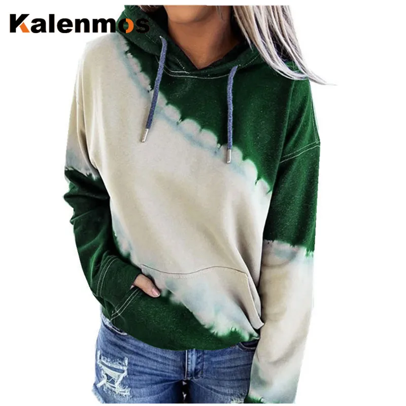 

Plus Size Tie Dye Printed Sweatshirts Women KALENMOS Loose Hooded Drawstring Homewear Fall Top Pullovers Hoodie Lounge Tracksuit