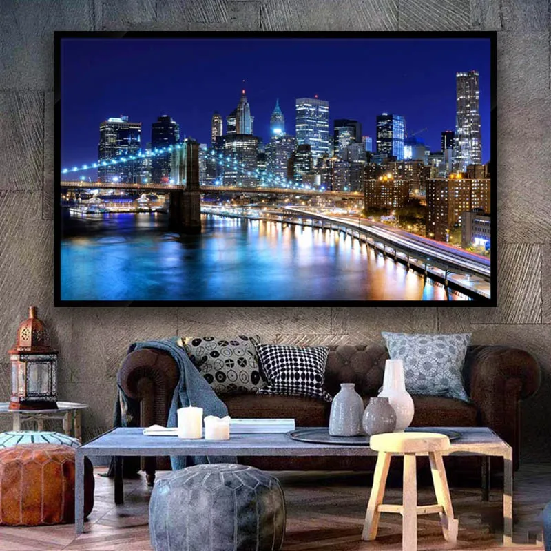 

New York City Manhattan Posters Wall Art Pictures Painting night scene Brooklyn Bridge Wall Art for Living Room Home Decor