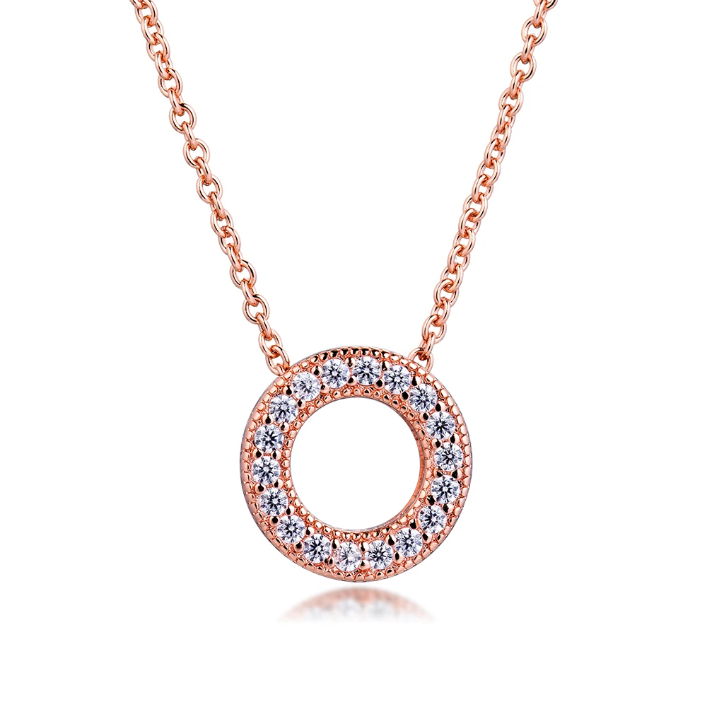

925 Sterling Silver Necklace Rose Gold Genuine Pave Circle Collier Necklaces for Women Statement Jewelery Gift 2020 New