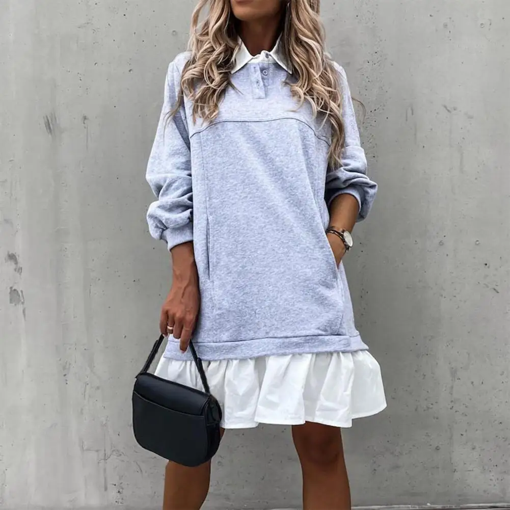 

Women Autumn Turn-down Collar Long Sleeve Patchwork Buttons Sweatshirt Dress