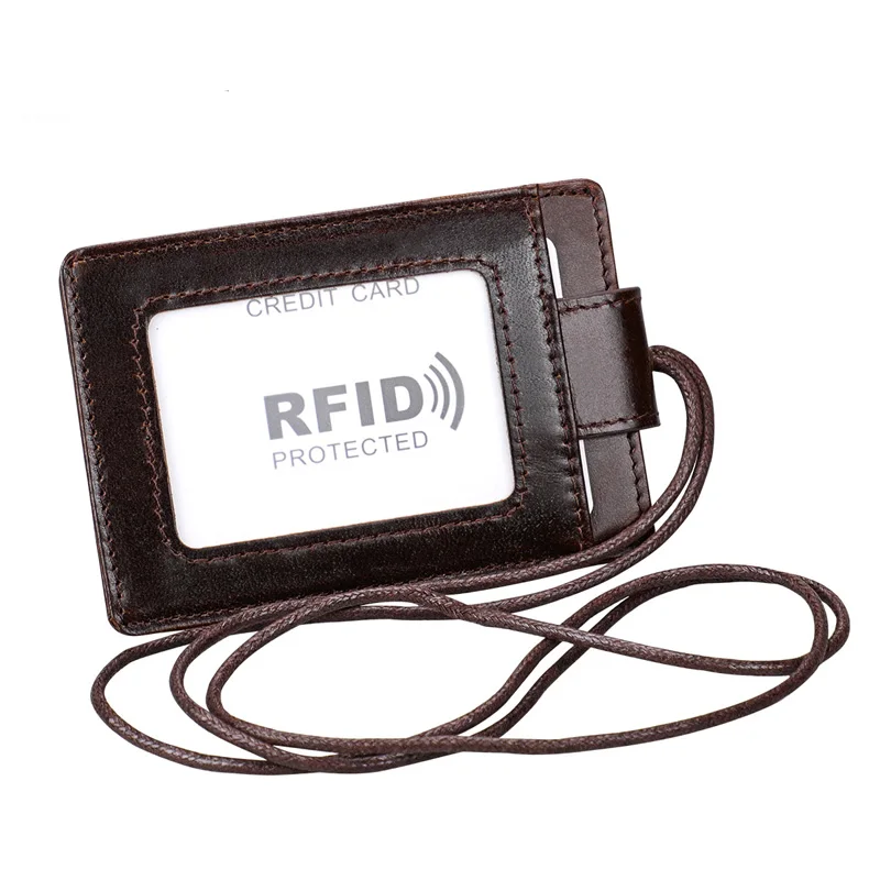 Genuine Leather ID Card Holder with Lanyard RFID Blocking Card Cover for Chest Card Hangtag Work Pass Student Bank Cards Pouch