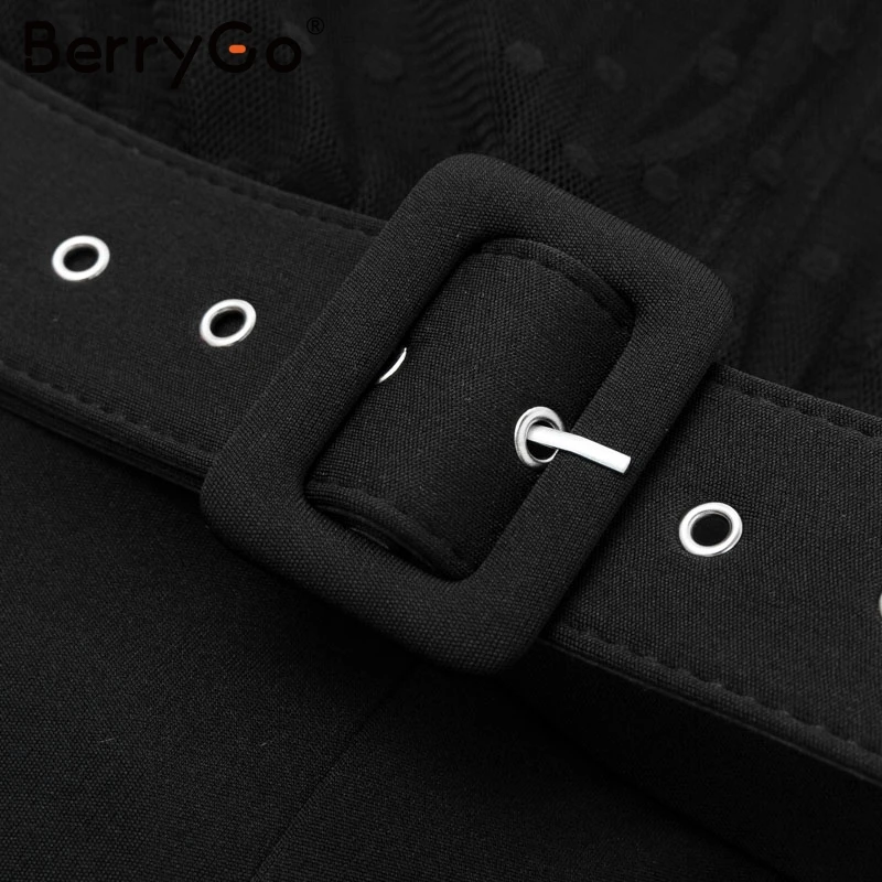 BerryGo сексуальное Полосатое кружевное женское платье в горошек черная поясная оболочка вечернее платье с пышными рукавами осенне-зимнее офисное женское платье