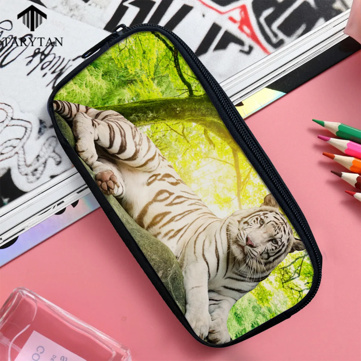 Повседневная косметичка зеленый лес Животное Белый Тигр камень Макияж Дорожная