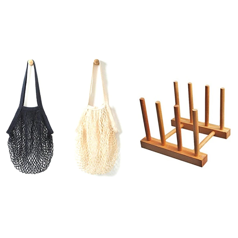

2Pcs Portable Reusable Mesh Cotton Net String Bag With Wooden Drainer Plate Stand Wooden Dish Plate Fold Rack Holder