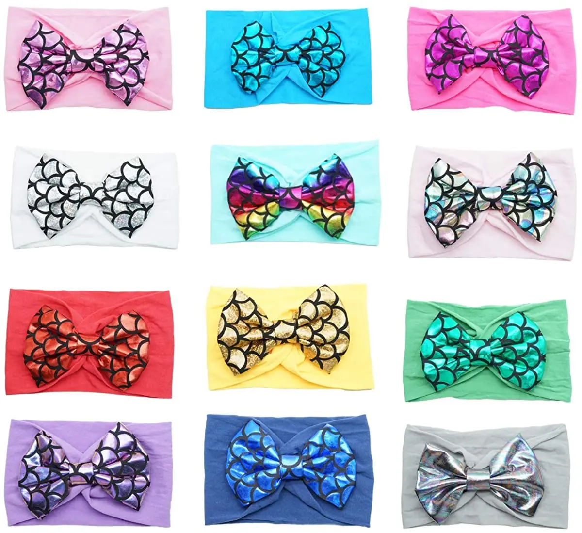 

12 Colors Handmade Baby Girls Bow Headbands Nylon Newborn Hair Bands Mermaid Hair Bows Elastics Soft Bands for Newborns Infants