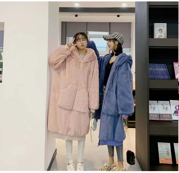 30 Degrees Fur Coat Women Casual Hoodies Furry Thick Warm Long Faux Rabbit Fur Jacket Loose Winter Coat Women OverCoat