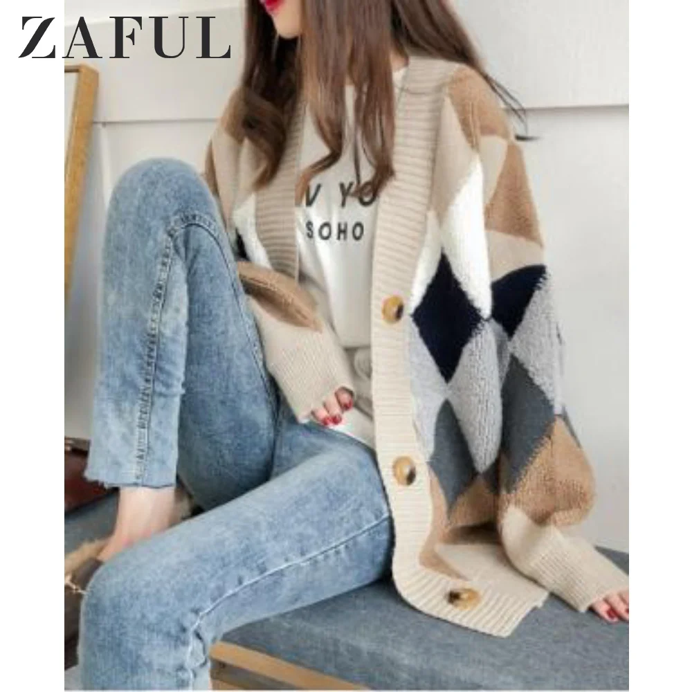 ZAFUL мульти на одной пуговице геометрический интарсия вязаный кардиган