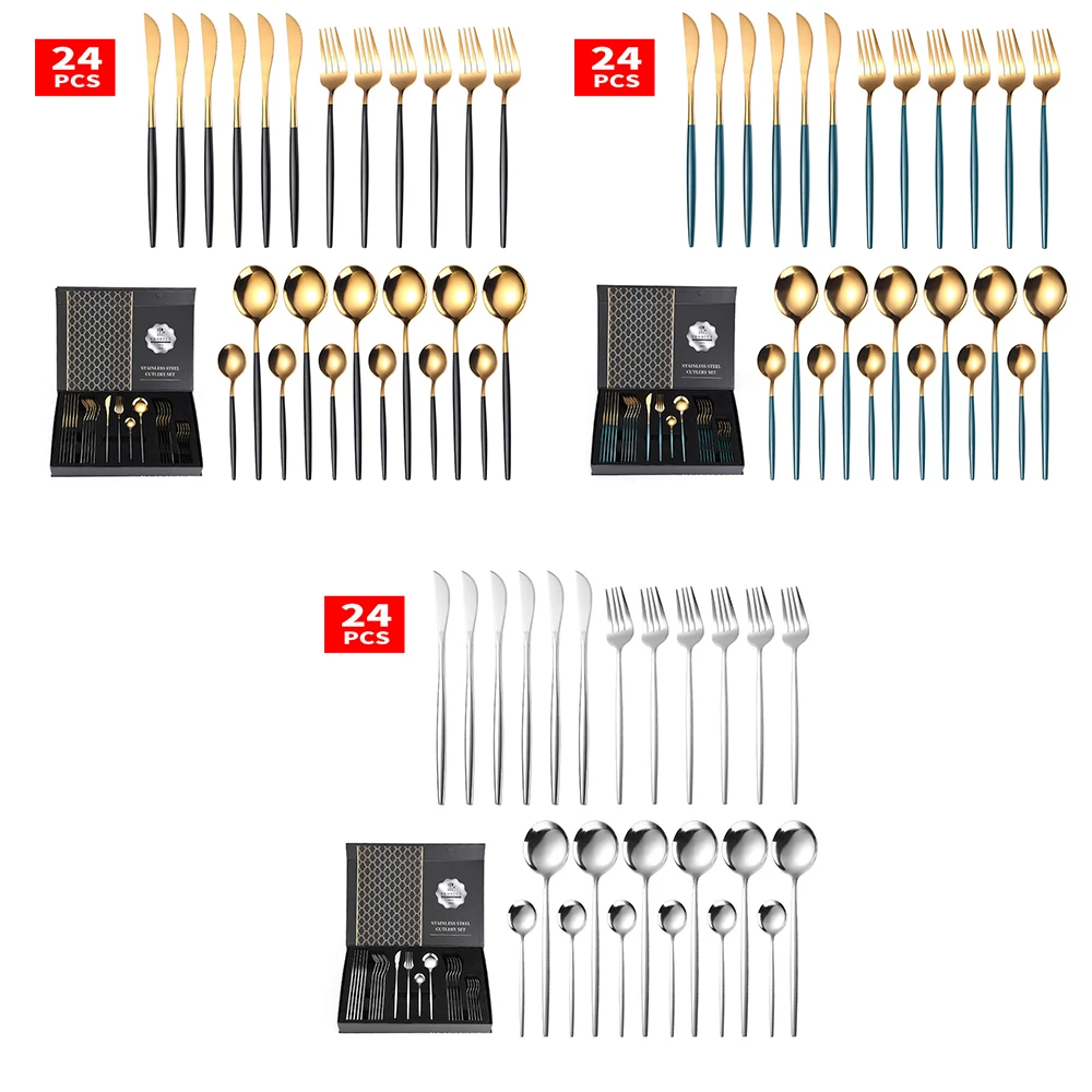 

24Pcs/Set Gold Dinnerware Set Knife Fork Spoon Flatware Set Stainless Steel Tableware Set Kitchen Cutlery Tableware Set Gift Box