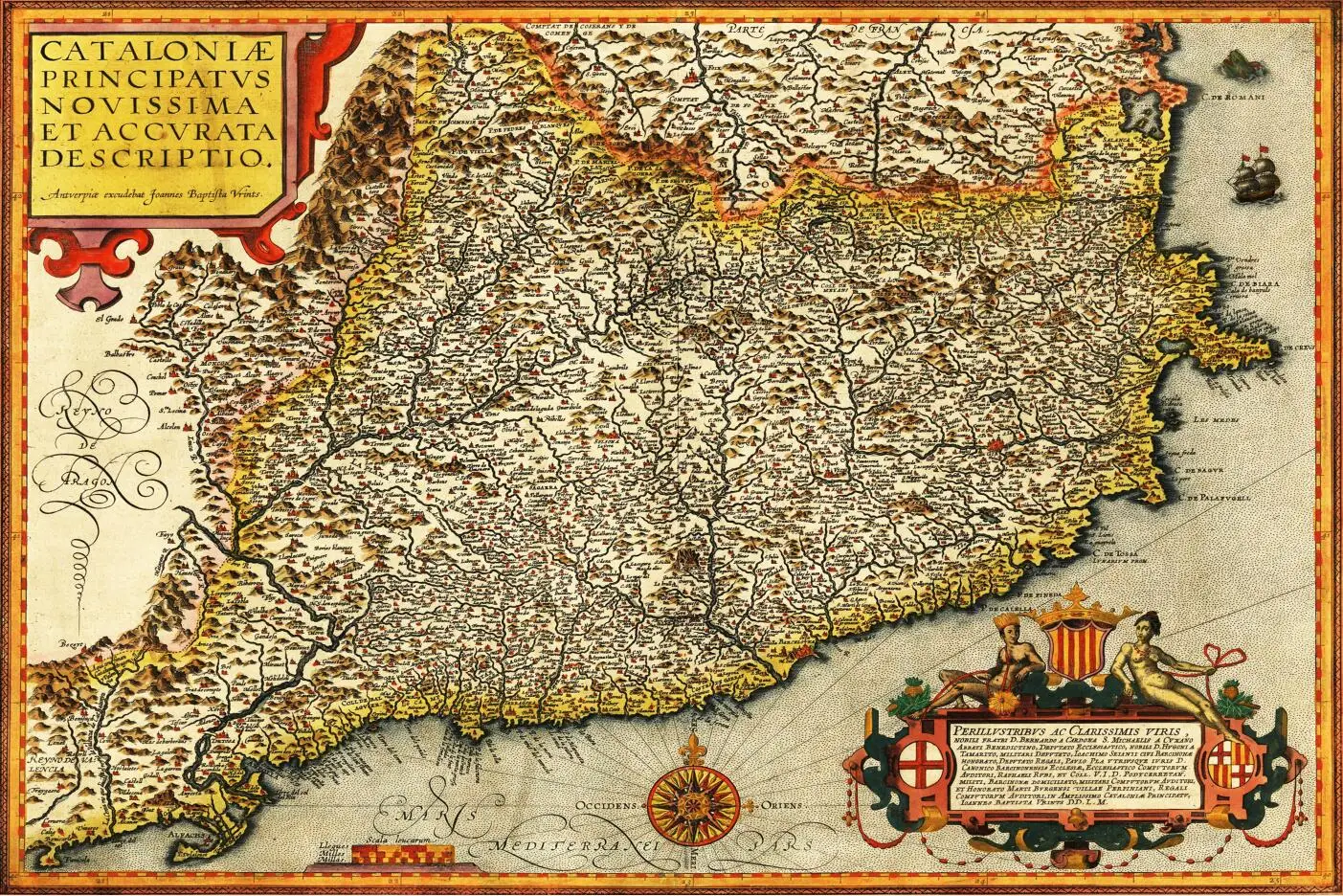 Состаренная карта состаренный 1608 Каталония историческая большая копия