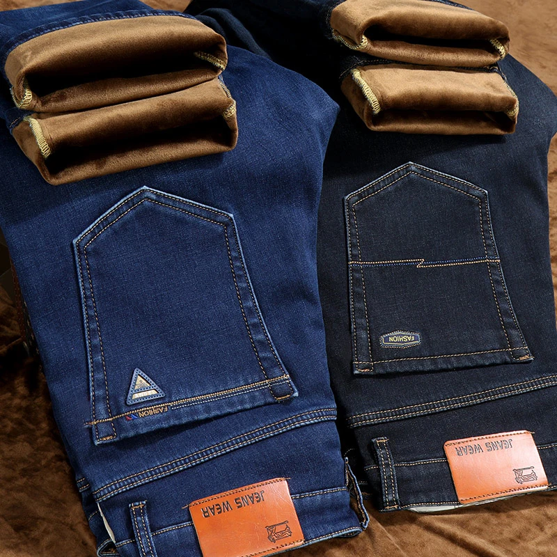 DIMI Warm Denim Pants Male Brand Clothes Winter Men's Business Thickened Jeans Classic Style Fashion Casual Straight Fleece