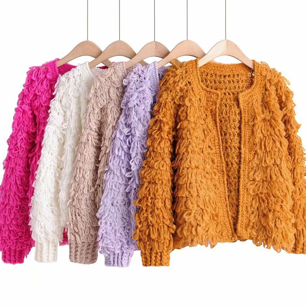 Осенне-зимний новый однотонный кардиган с круглым вырезом Женский вязаный