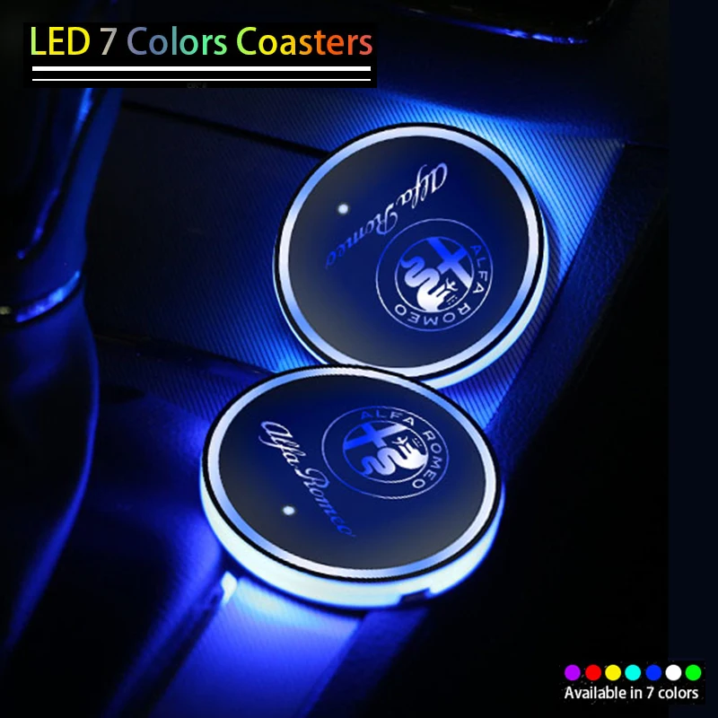 

7 Colorful USB Car Logo Led Atmosphere Light Cup Luminous Coaster Holder for Alfa Romeo 159 147 156 166 Giulia Mito Brera Spider