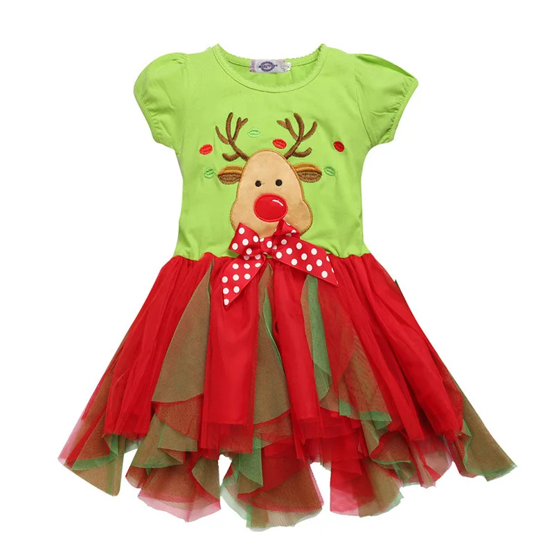 

Girls Christmas Dress New Christmas New Year Baby Short-sleeved Deer Two-color Mesh Skirt Outfit 3-10Y