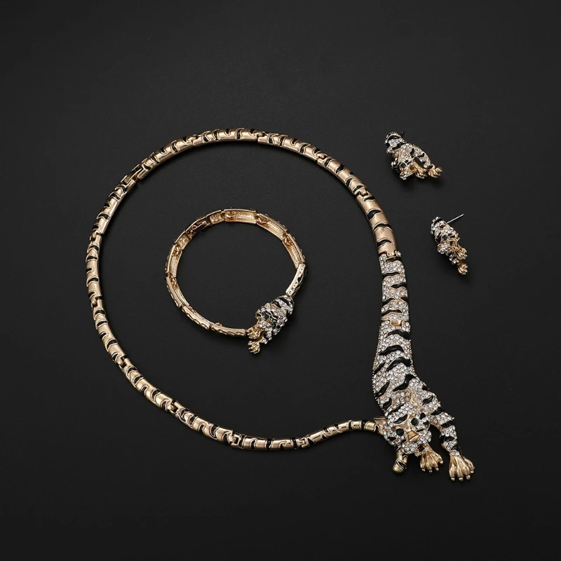 

1 Set Necklace Earrings Bracelet Bride Wedding Women Jewelry Gold Tiger Pendant