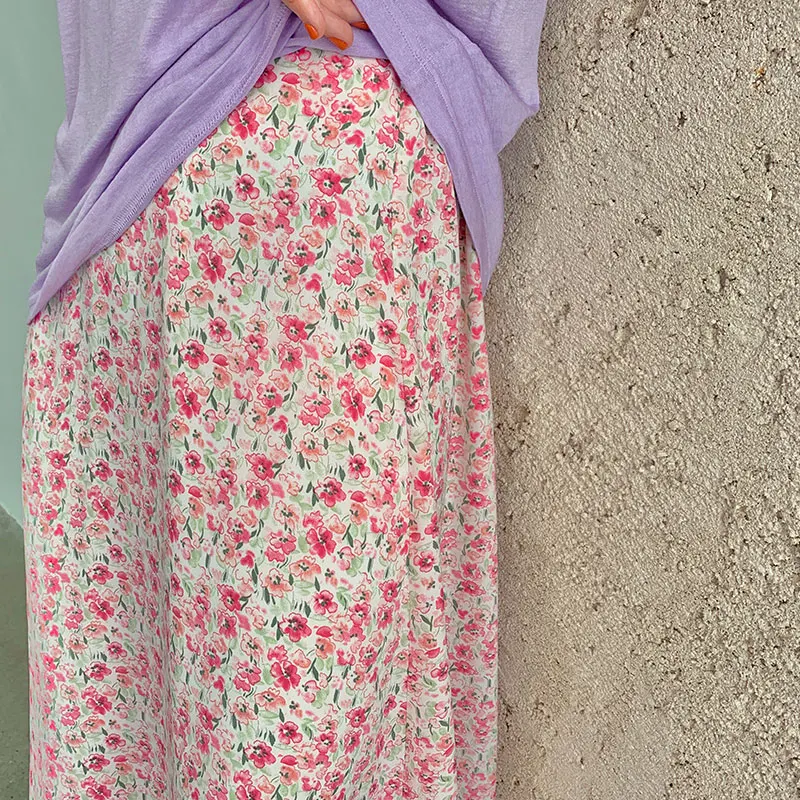 

2 colors midi skirts 2021 high elastic waist Long Skirts Woman 2021 autumn floral print A-line Skirts womens (X1519)