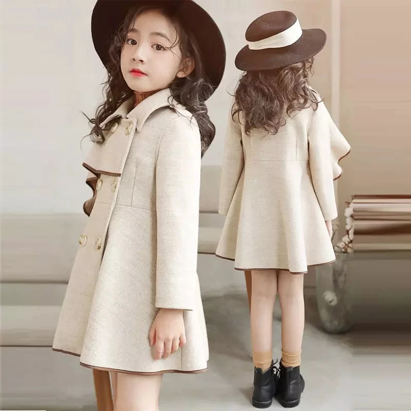Girl's Woolen Long Coat Jacket Autumn Winter 2022 New Korean Version Big Teenage Plus Velvet Thick Luxury Design High Quality