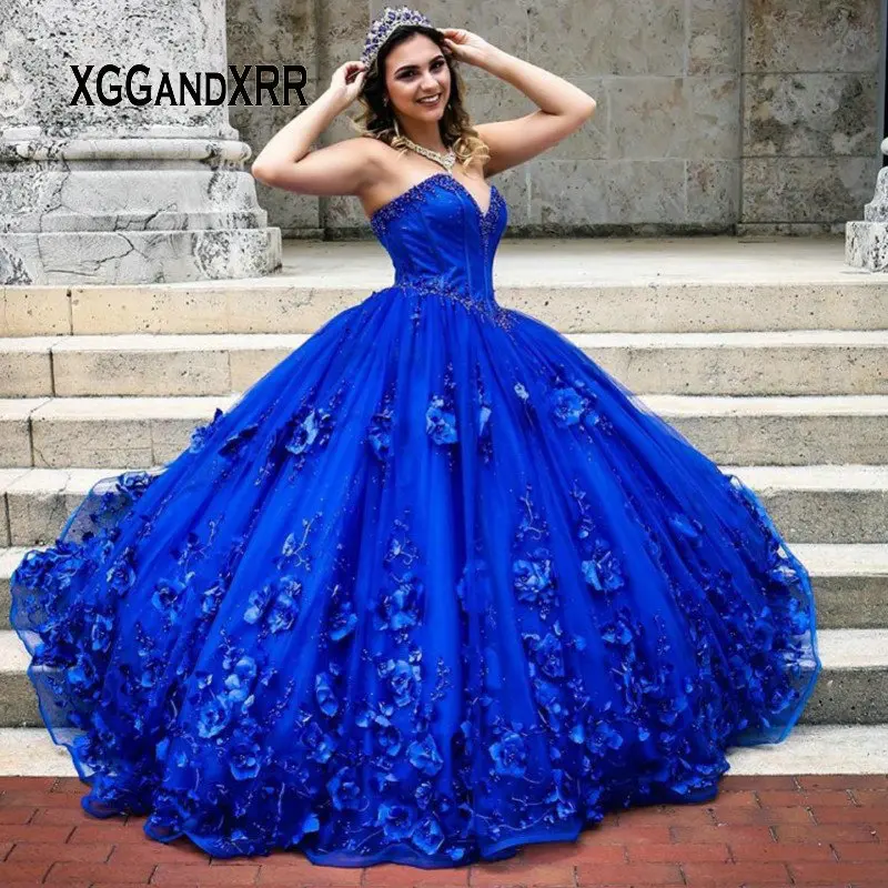 

Женское платье с цветочной аппликацией, бальное платье ярко-синего цвета с 3D цветочной аппликацией и корсетом, бальное платье с бисером, мод...