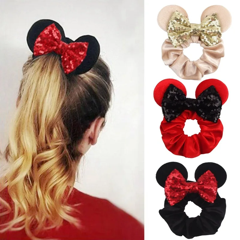 

New Cute Mouse Ears Elastic Hair Rubber Bands Fashion Sequins Bow scrunchies Velvet Hair Ties Accessories For Women Girls Kids