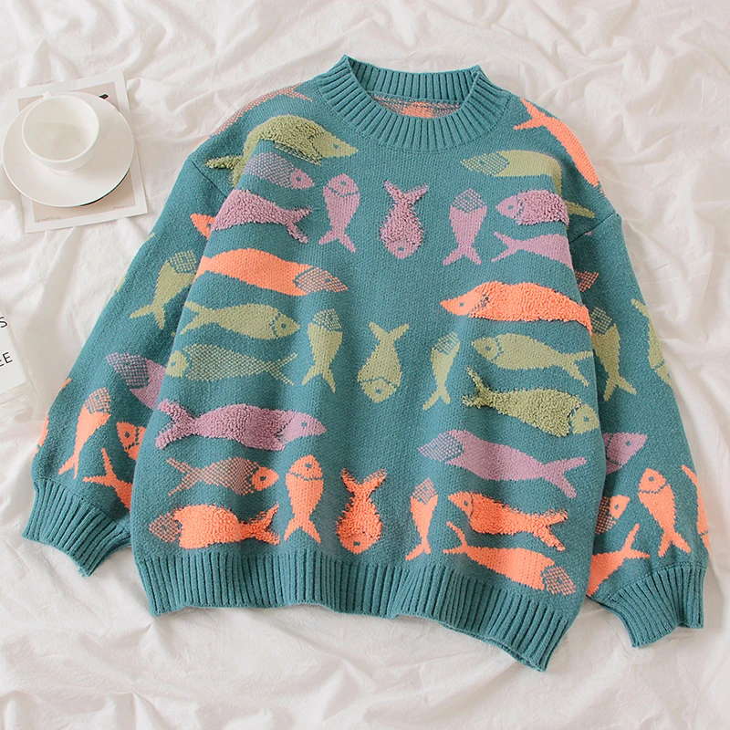 Gaganight винтажный Модный женский свитер с рыбками Свободный пуловер длинными