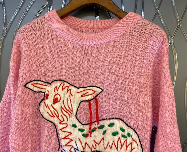 Spring Autumn Women's High quality Embroidery sweaters Sweet Pink color pullovers sweater tops B549
