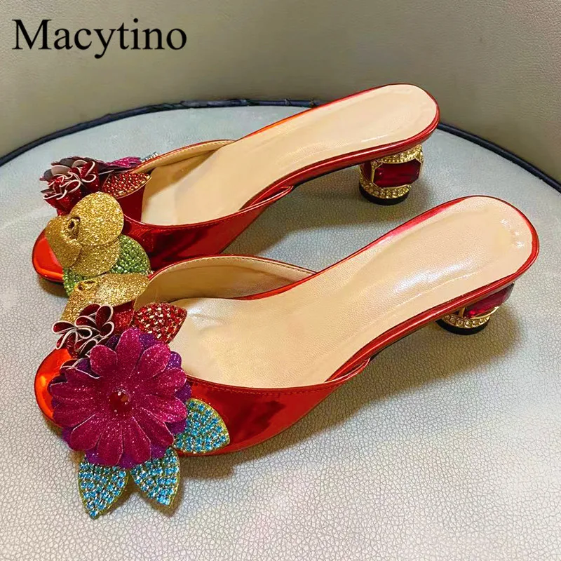Flower decoration ladies high-heel slippers sequins rhinestone decoration glass-heel slippers fashion party slippers