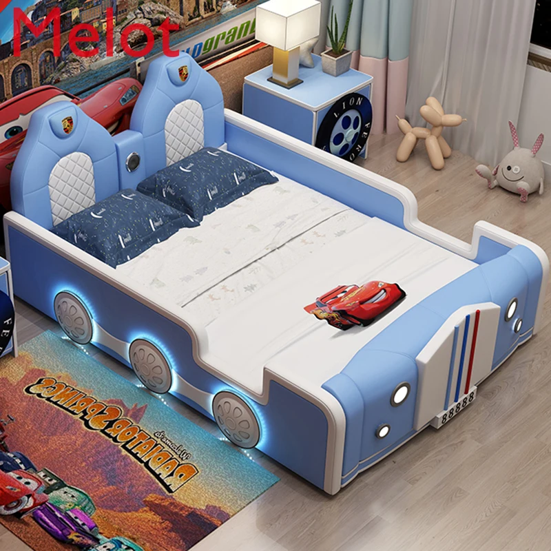 

High-End Luxury Custom Children's Bed Boys' Bed 1.5 M Single Car Cartoon with Guardrail Sports Car Leather Bed