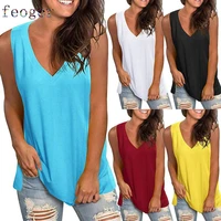 feogor short sleeve t shirt 2021 summer new style casual womens pure color loose v neck sleeveless t shirt top vest women