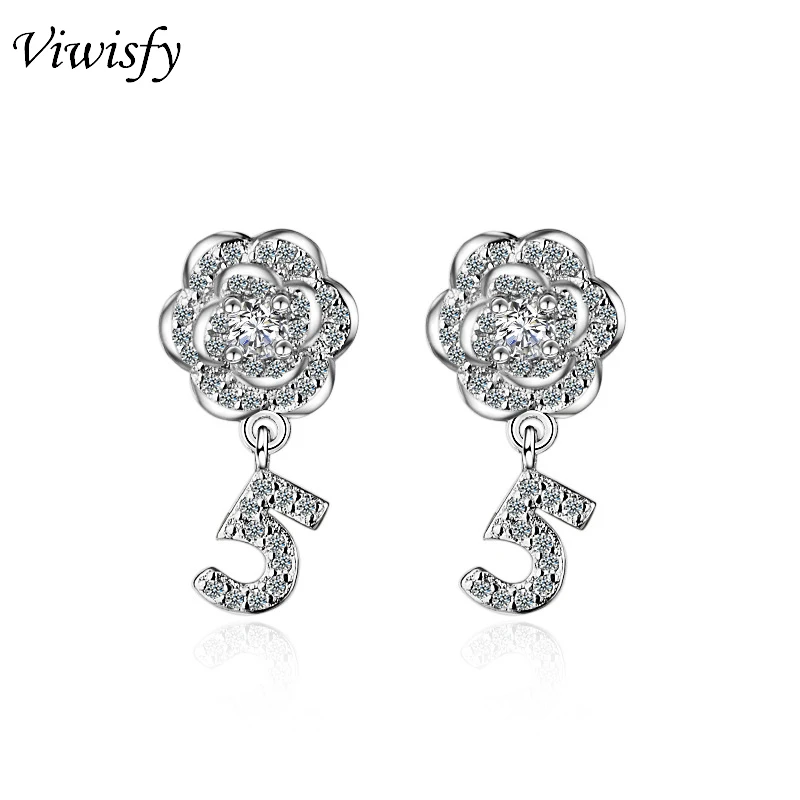 

Viwisfy Real 925 Sterling Silver Earring Jewelry Wedding Crystal Charming Number 5 Rose Flower Stud Earrings For Women VW21093