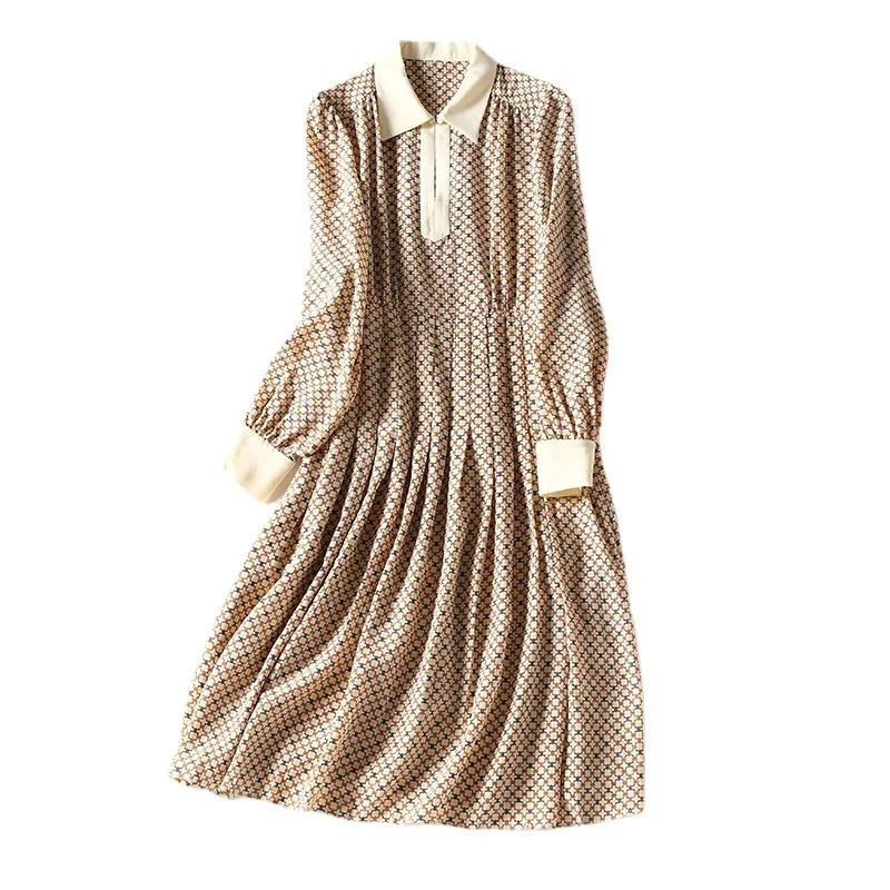 

2021 loose mulberry silk dress printing brown childlike Japanese mid-length dress high waist small fresh silk dress