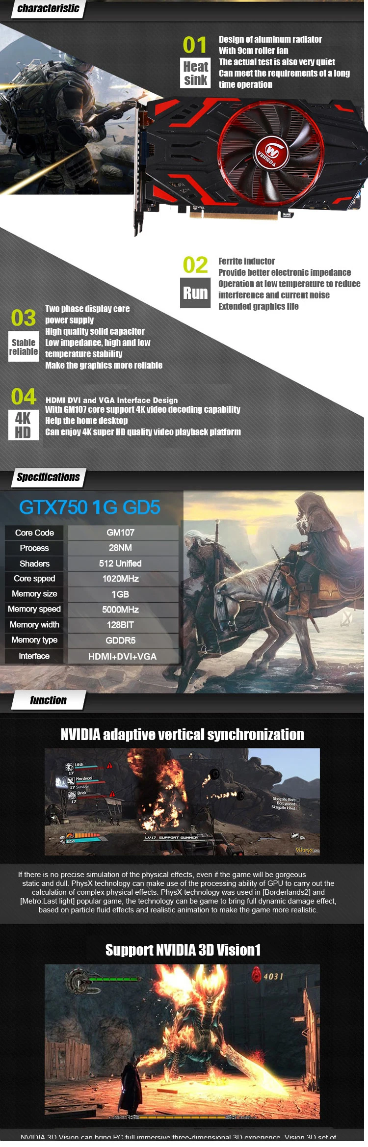 Видеокарта Veineda GPU GTX750 1 ГБ GDDR5 графическая карта Instantkill GTX650Ti, HD6850, R7 350 для игр nVIDIA Geforce