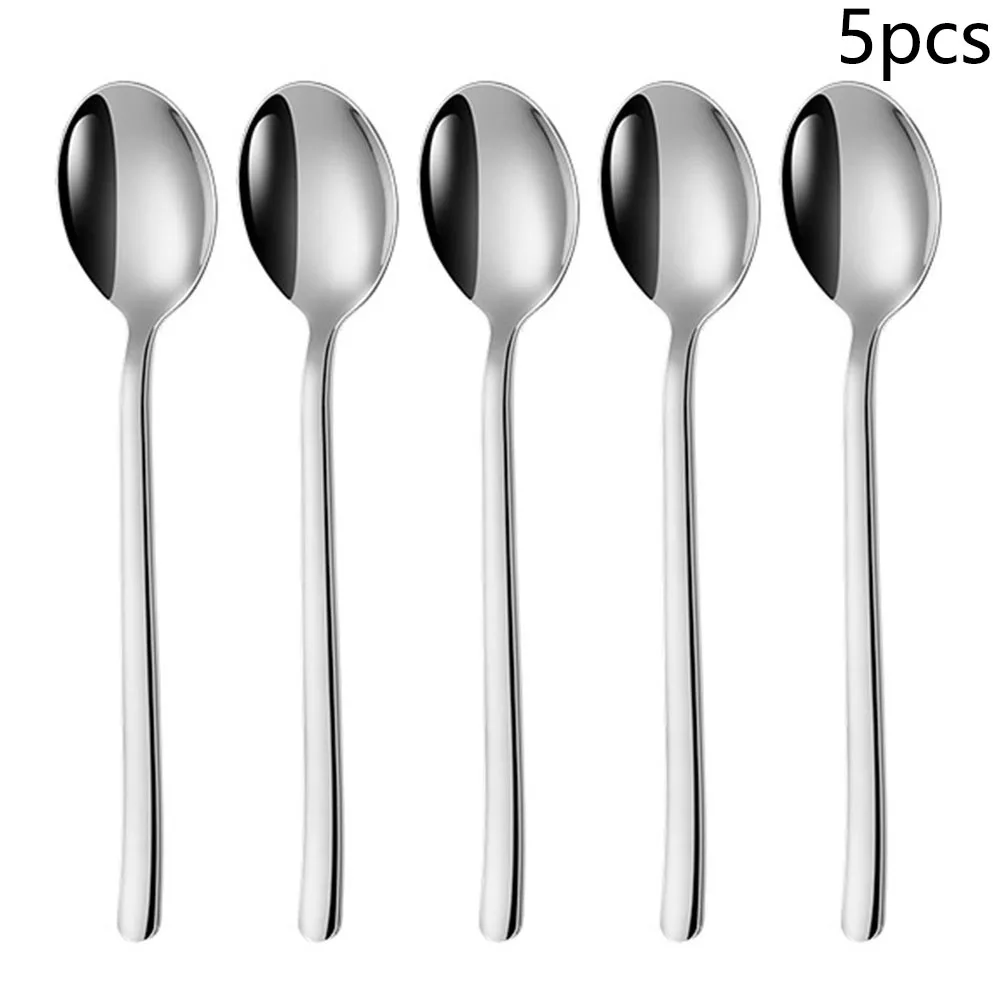 

5pcs/Set Long Handled Stainless Steel Spoon Set Polished Stirring Drink Ice Cream Dessert Tea Spoons Dinnerware Drinking Tool