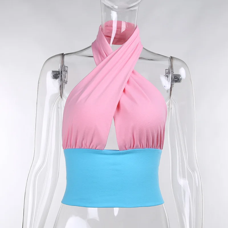 

Vintage Y2K Criss-Cross Halter Tank Tops 90s Streetwear Patchwork V-neck Backless Sexy Crop Tops Summer Vests Fashion