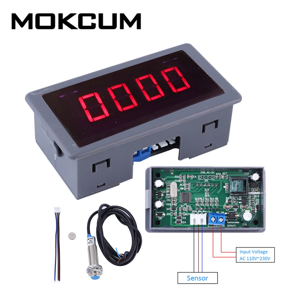 

AC 110-230V/ DC 8-24V Measuring Gauge 4 Digital Red LED Tachometer RPM Speed Meter 10-9999 RPM Hall Proximity Switch Sensor